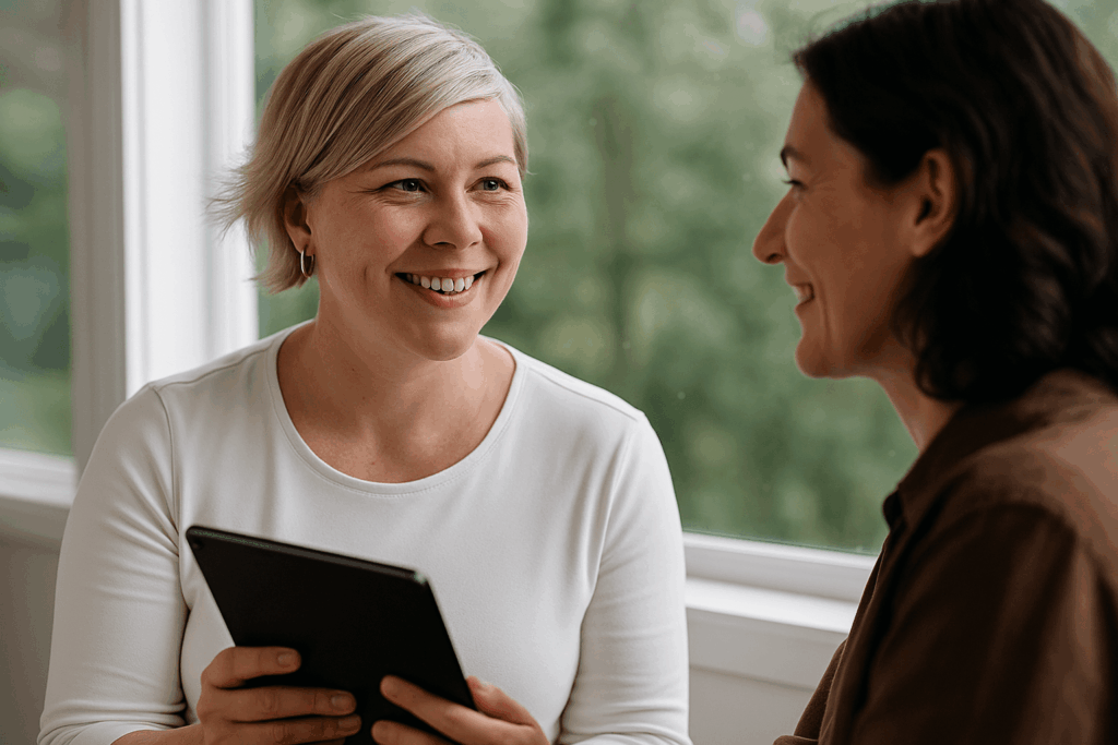 Asiakastutkija testaamassa verkkosivua haastateltavan kanssa kasvotusten